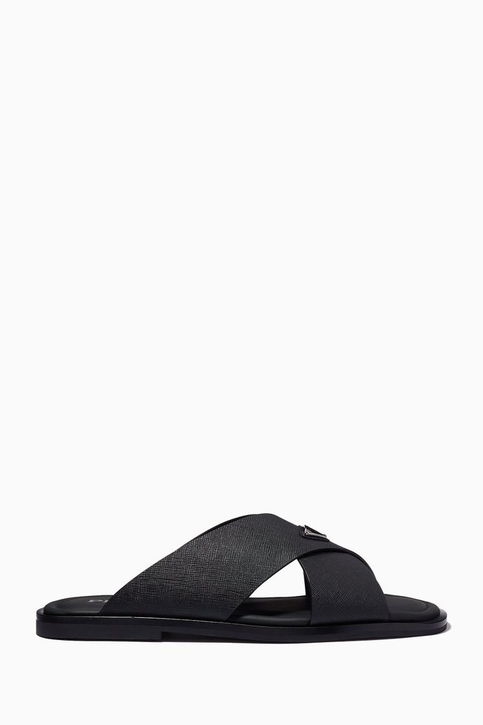 

Triangle Logo Crisscross Sandals in Saffiano Leather, Black