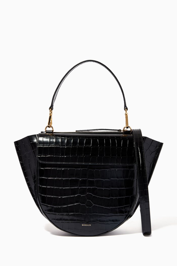 

Hortensia Medium Bag in Croc-embossed Leather, Black