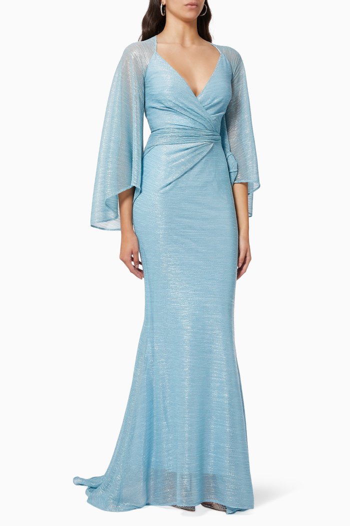 

Criss Cross Draped Gown in Metallic Voile, Blue