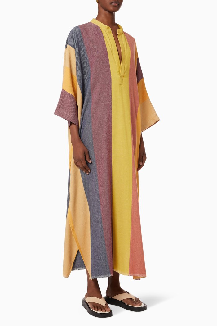 Nero Collar Striped Caftan in Cotton, Multicolour