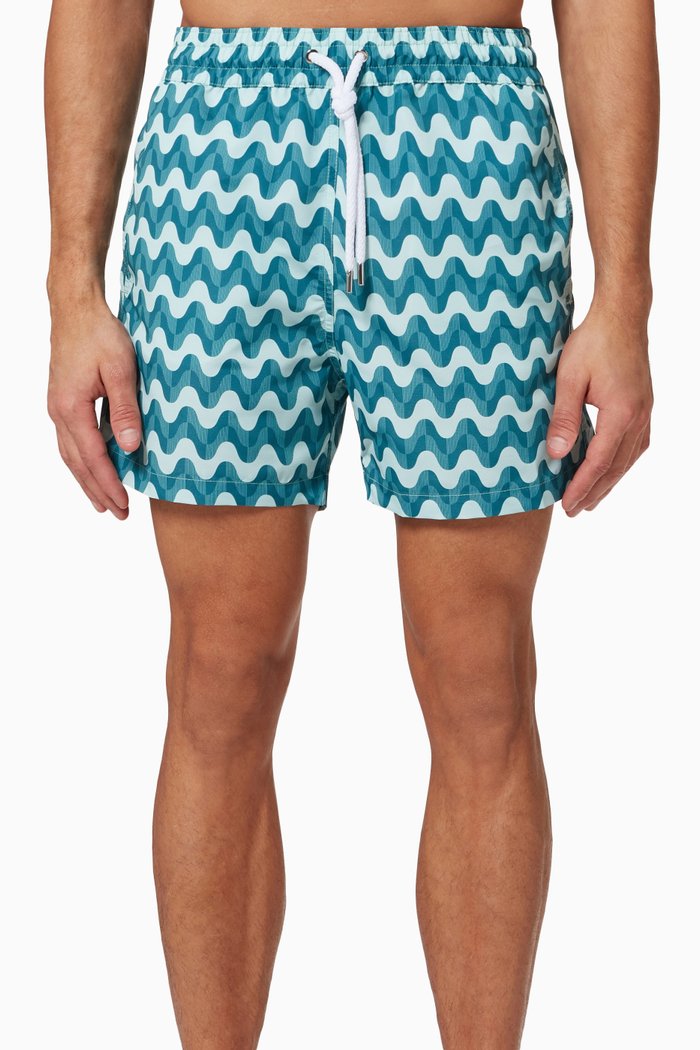 Copacabana Atlantico Print Swim Shorts in Cotton, Blue