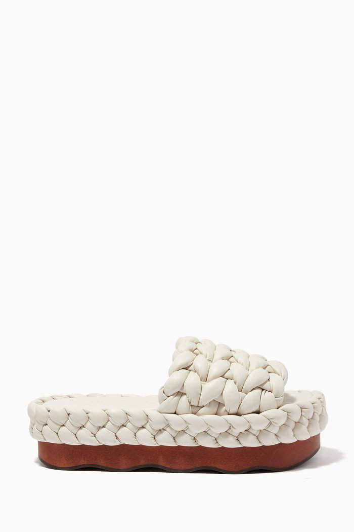 

Wavy Flatform Mule in Braided Leather, White