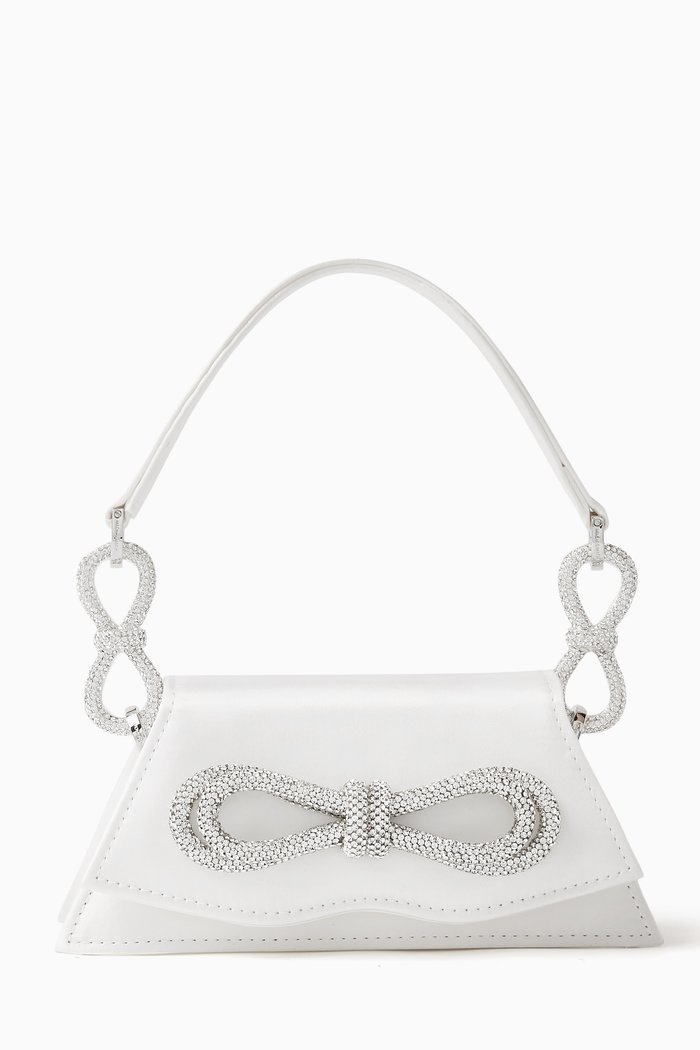 Mini Samantha Double Bow Shoulder Bag in Satin, White