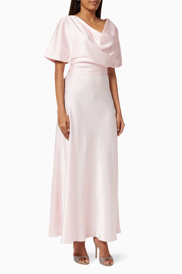 

One Shoulder Drape Dress in Satin, Pink