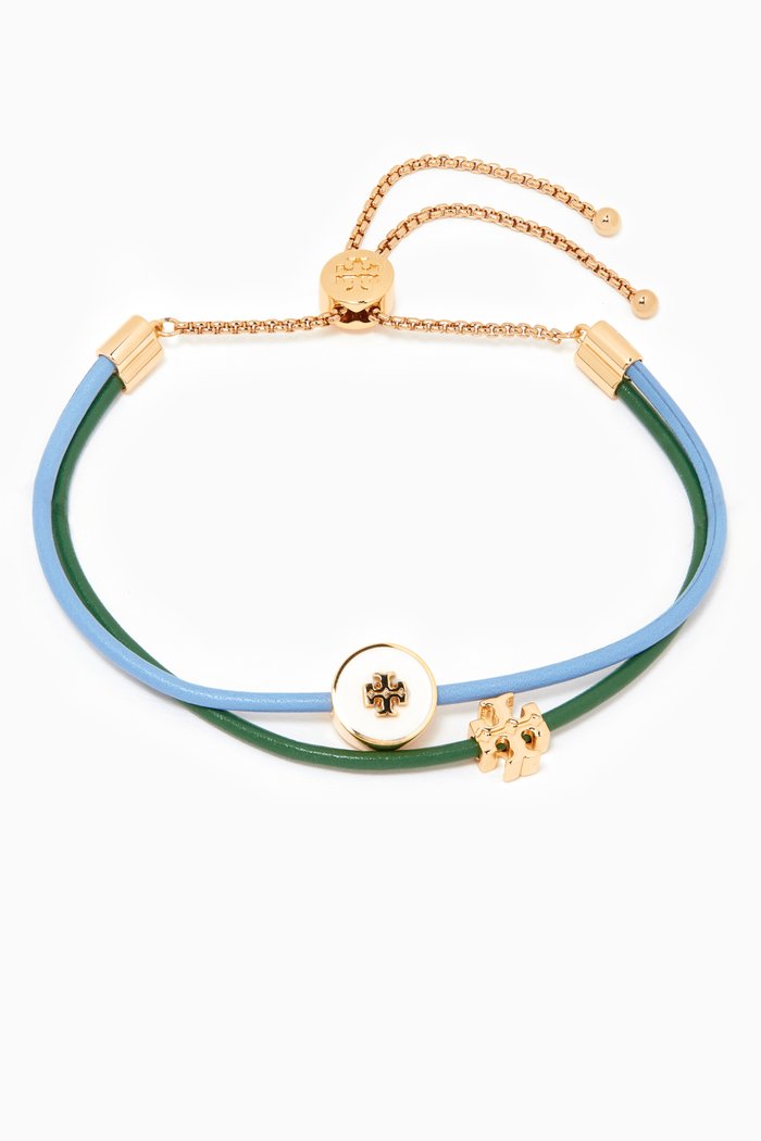 

Kira Enamel Slider Bracelet in Leather & Brass, Green
