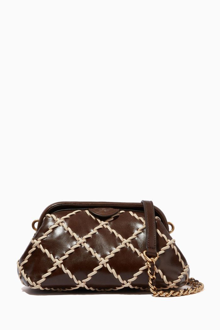Fleming Small Frame Crossbody Bag in Whipstitch Leather, Brown