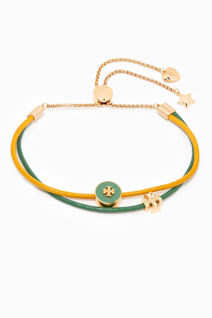 

Kira Enamel Slider Bracelet in Leather & Brass, Green