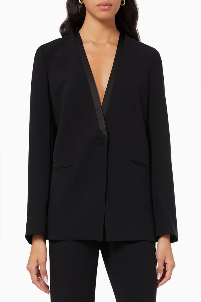 

Collarless Tuxedo Blazer in Crepe, Black