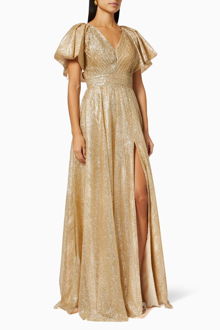 

Flutter Sleeve Dress in Shimmer Jersey, Gold