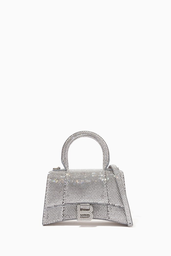 

Hourglass XS Top Handle Bag in Rhinestones Suede Calfskin, Grey