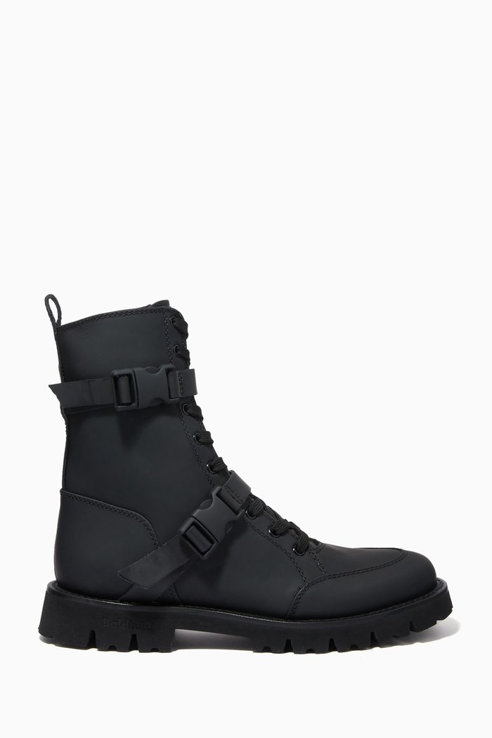 

Ankle Combat Boots in Rubberised Calfskin, Black