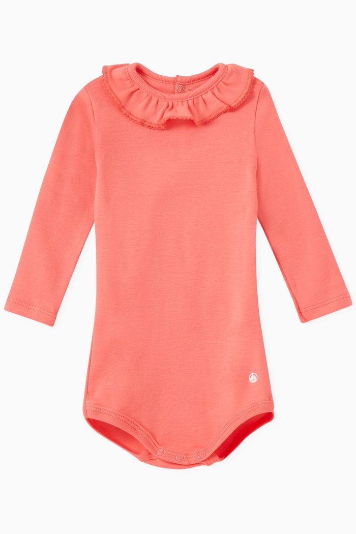 

Long Sleeve Ruffle Bodysuit in Organic Cotton, Pink