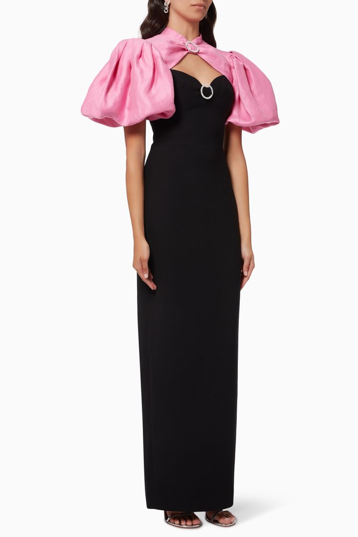 Puff Sleeve Dress in Crepe & Linen, Black