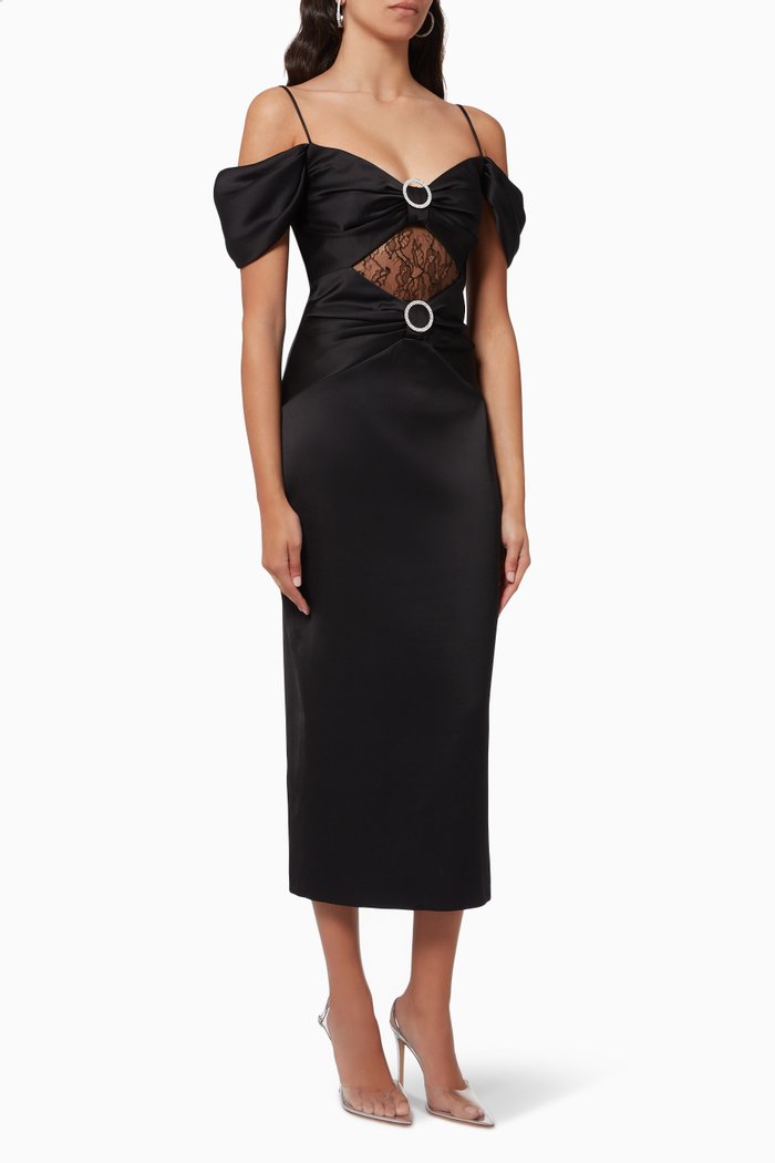 

Off Shoulder Dress in Satin, Black