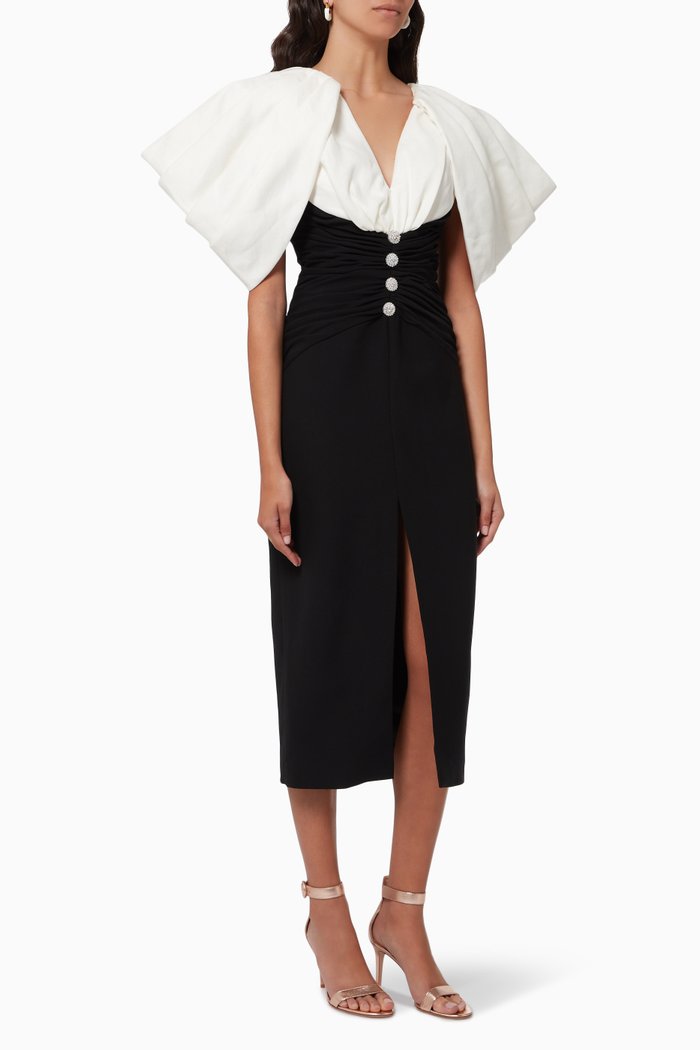 

Embellished Button Dress in Crepe & Satin, Black