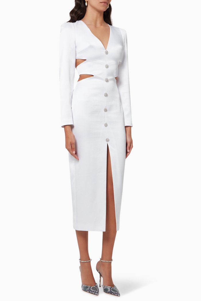 

Embellished Button Dress in Satin, White