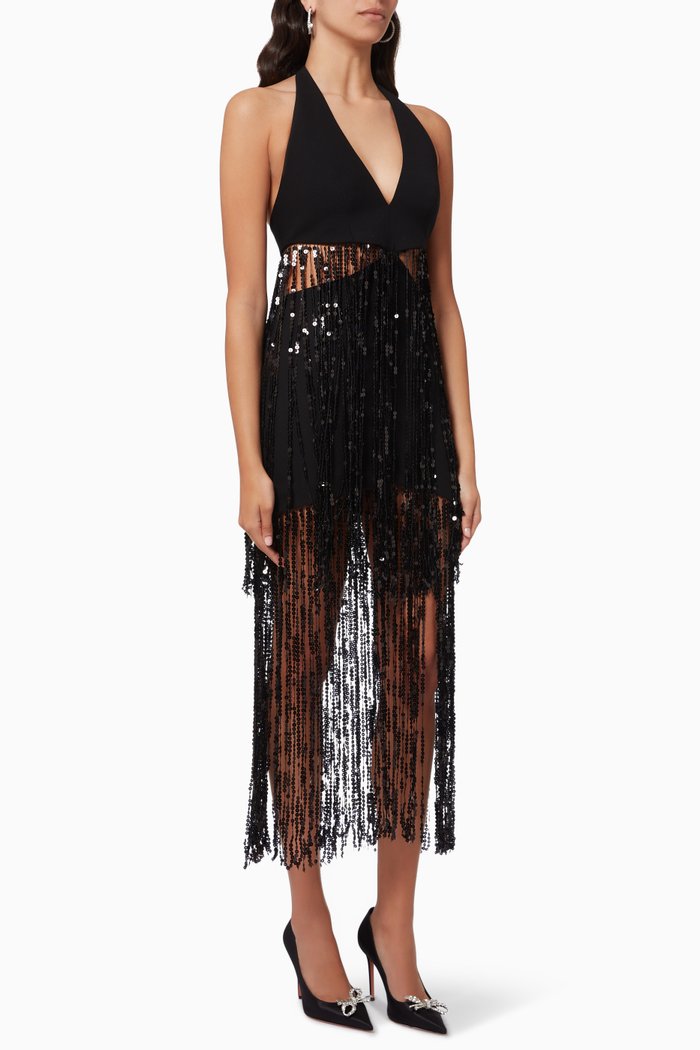 

Sequinned Fringe Dress in Crepe, Black