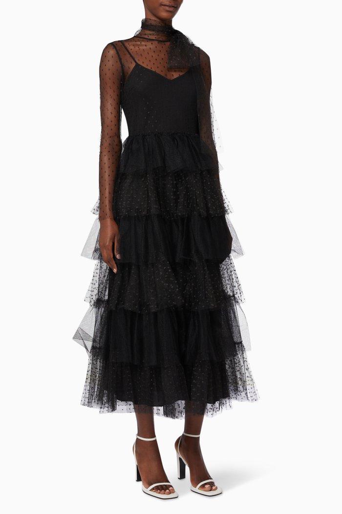 

Tiered Dress in Point d'Esprit Tulle, Black