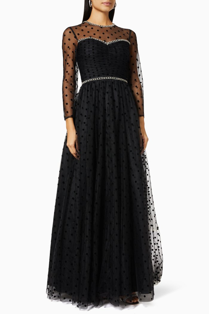 

Crystal Embellished Dress in Dotted Tulle, Black