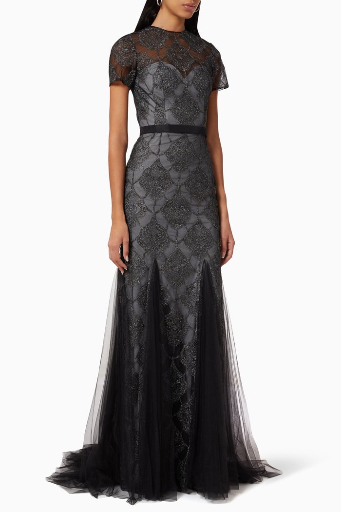 

Short Sleeve Gown in Embroidered Tulle, Black