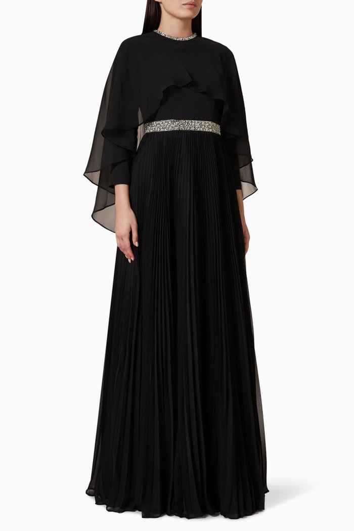 

Crystal Embellished Cape Gown, Black