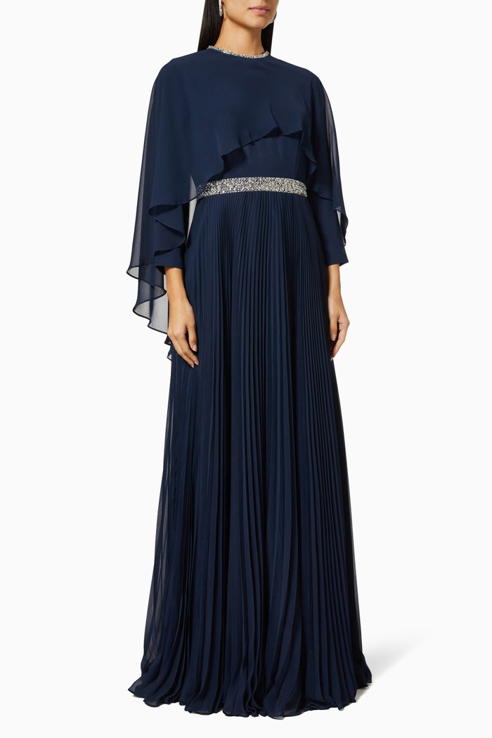 

Crystal Embellished Cape Gown, Blue