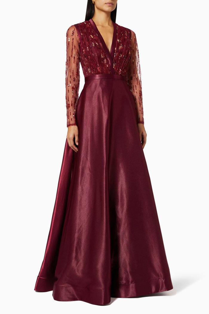 

Sequin Embellished Gown in Satin, Red