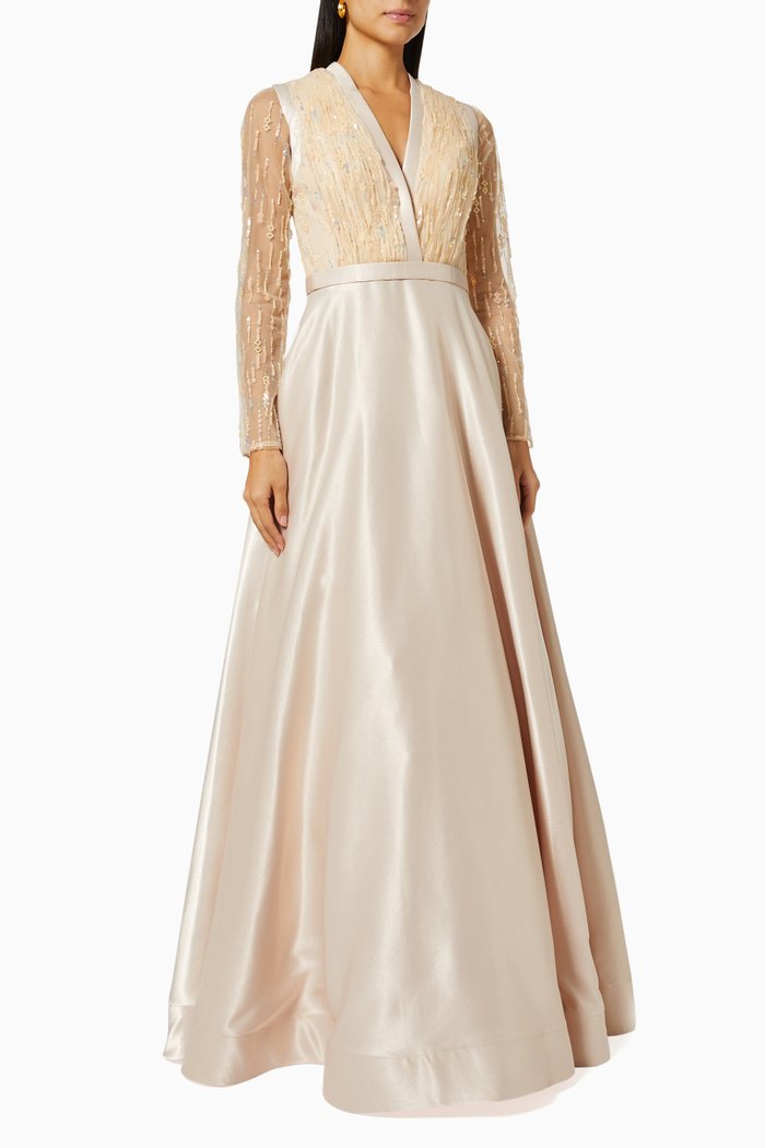 

Sequin Embellished Gown in Satin, Gold
