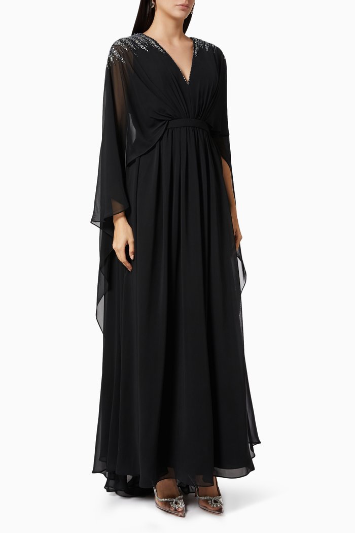 

Embellished Cape Gown in Chiffon, Black