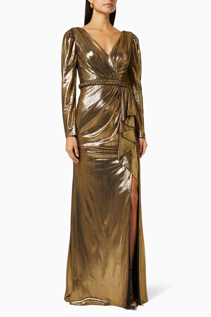 

Metallic Wrap Gown, Gold