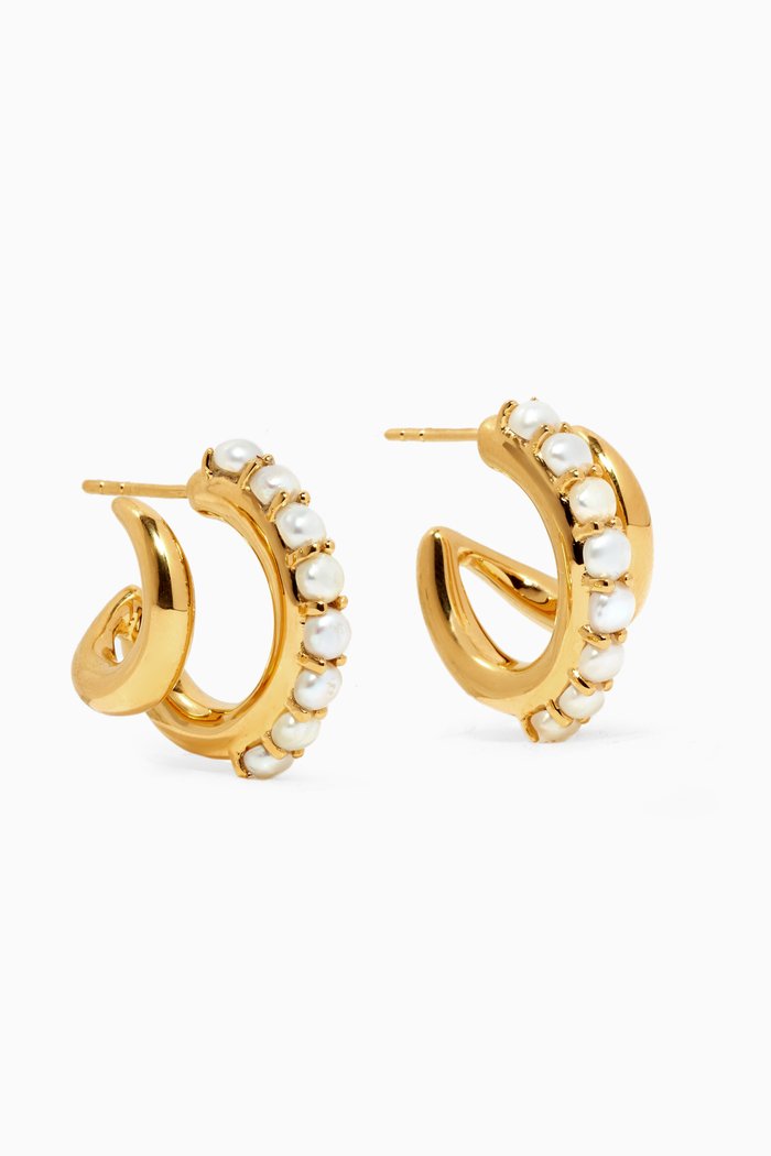

Claw Studded Pearl Double Hoop Earrings in 18kt Gold Plating, White