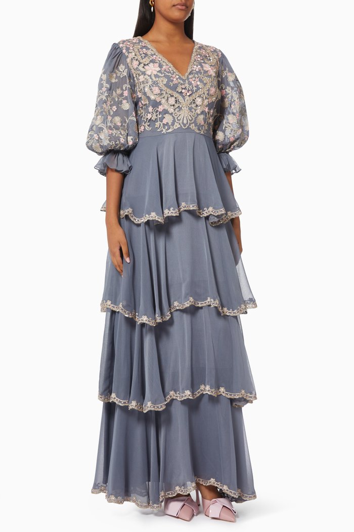 

Elise-B Floral Embroidered Tiered Dress, Blue