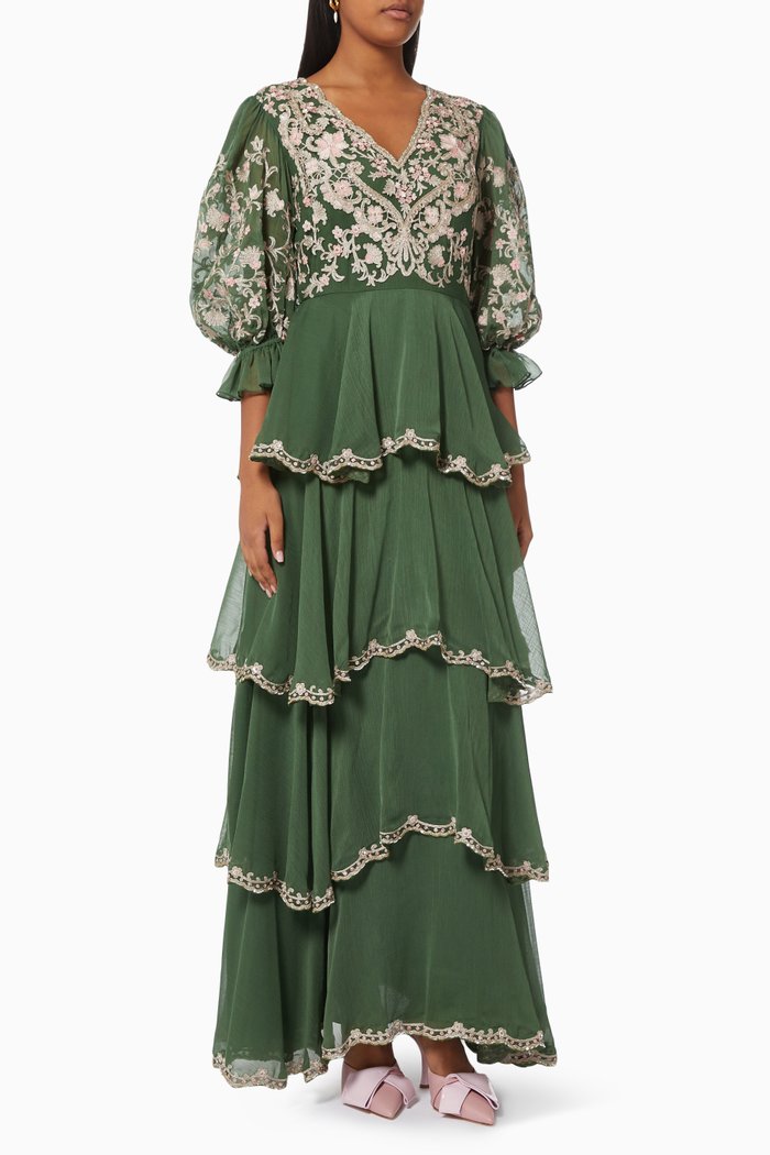 

Elise-B Floral Embroidered Tiered Dress, Green