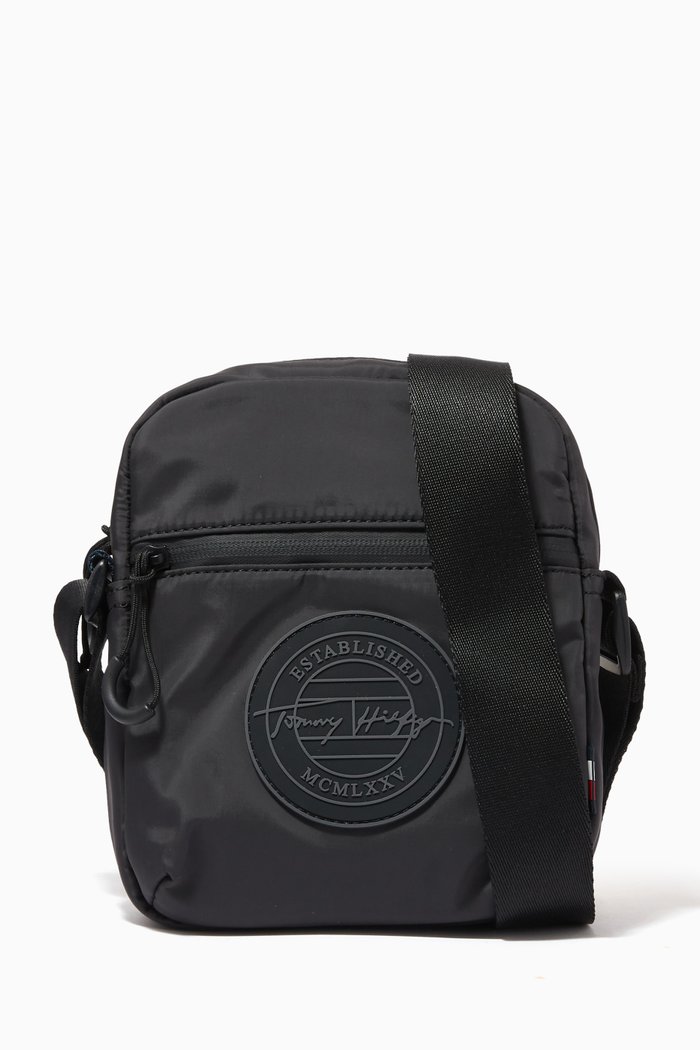 

Signature Logo Small Reporter Bag in Recycled Polyester, Black