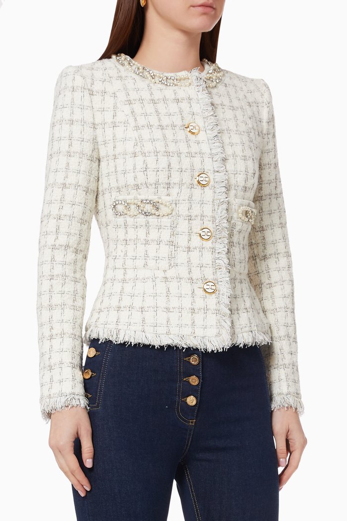 Jacket in Check Motif Tweed, White