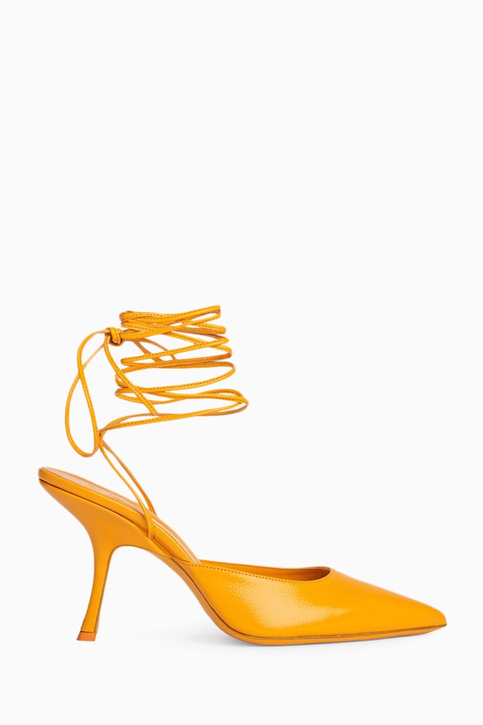 Jen Ankle Wrap Slingback Pumps in Grained Leather, Orange