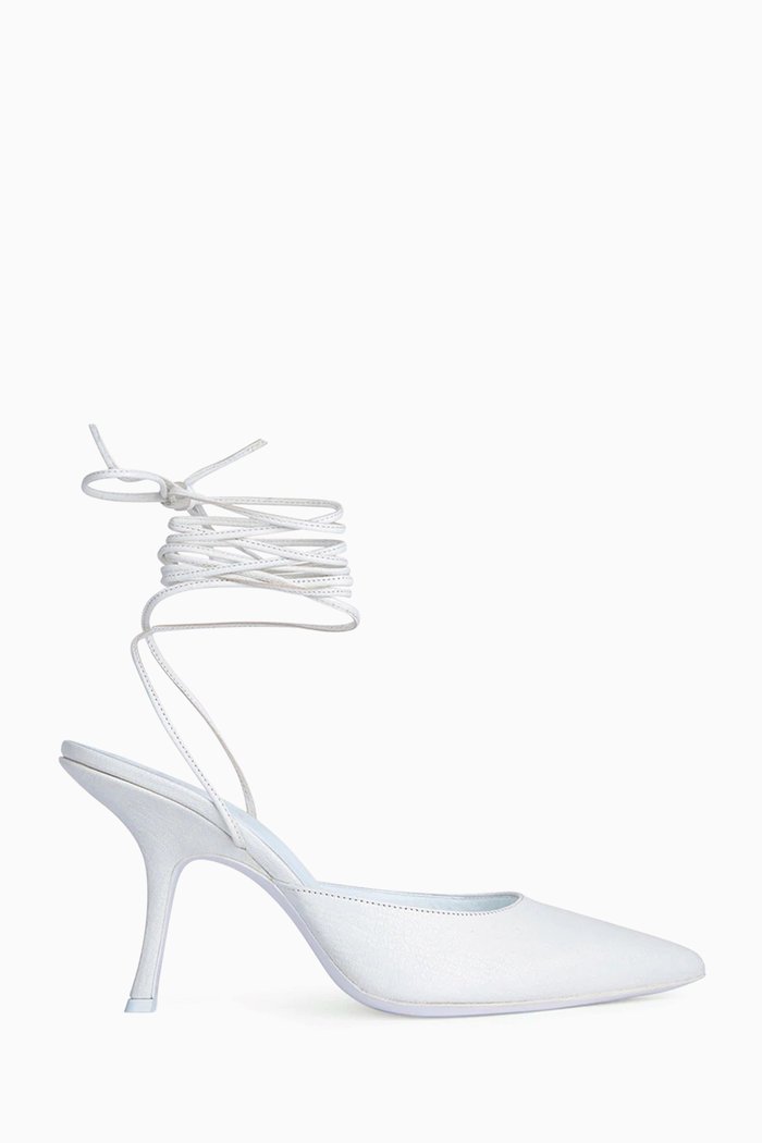 

Jen Ankle Wrap Slingback Pumps in Grained Leather, White