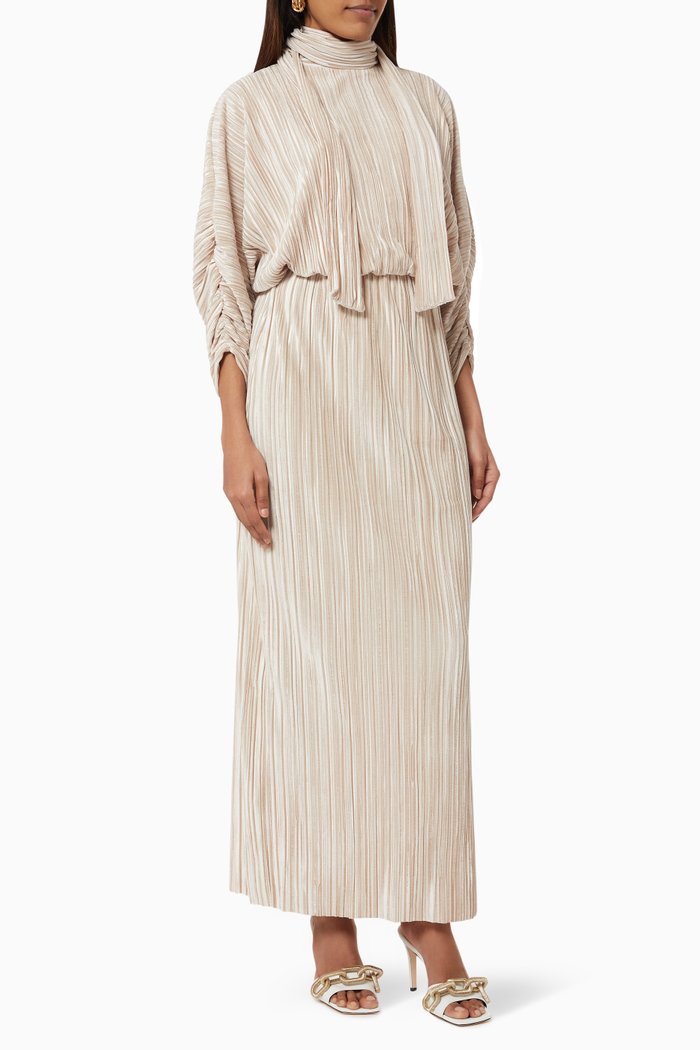

Pleated Neck Tie Dress, Grey