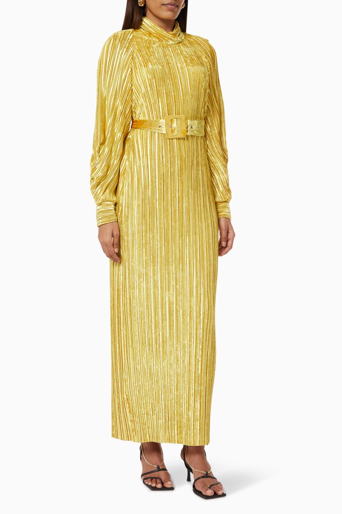 

Pleated Belted Dress in Velvet, Yellow