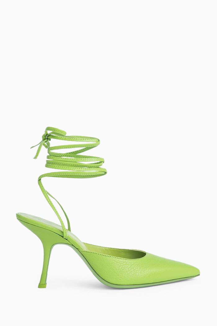 

Jen Ankle Wrap Slingback Pumps in Grained Leather, Green