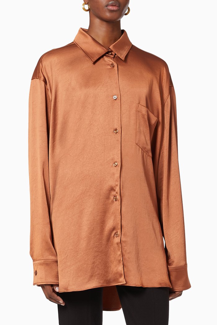 

Georgiana Oversized Shirt in Satin, Brown