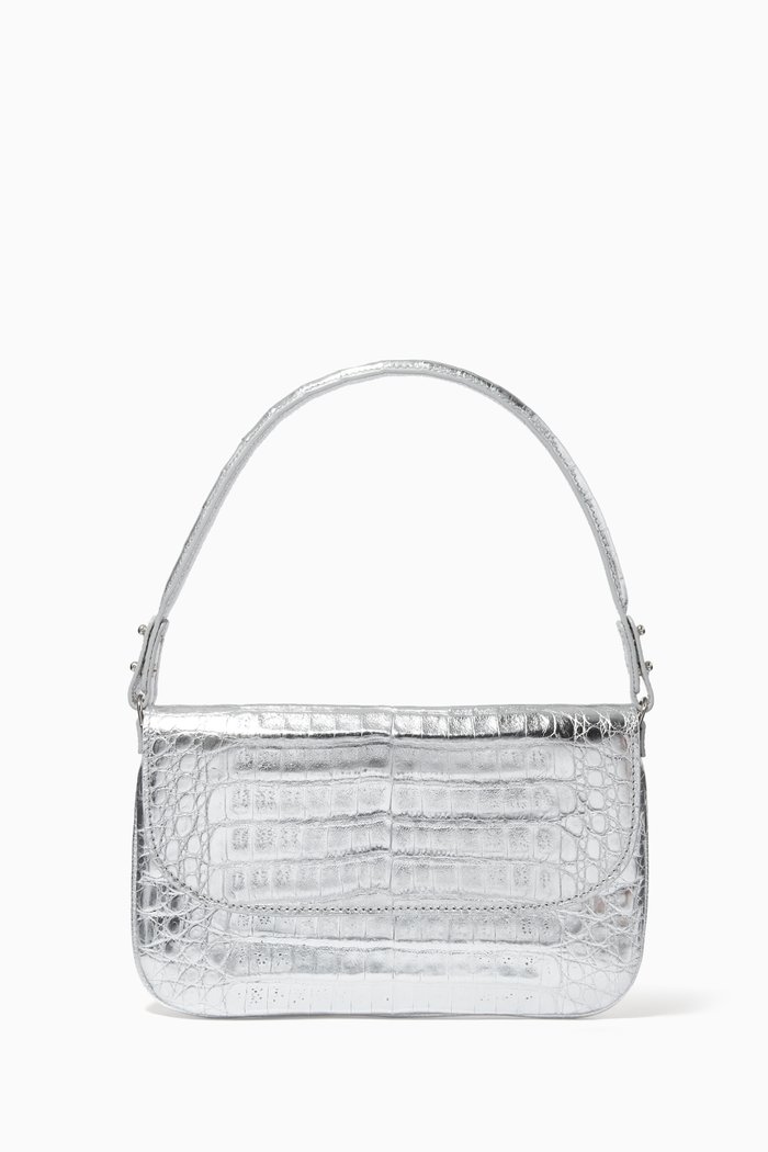 

Luisa Shoulder Bag in Metallic Crocodile Leather, Silver