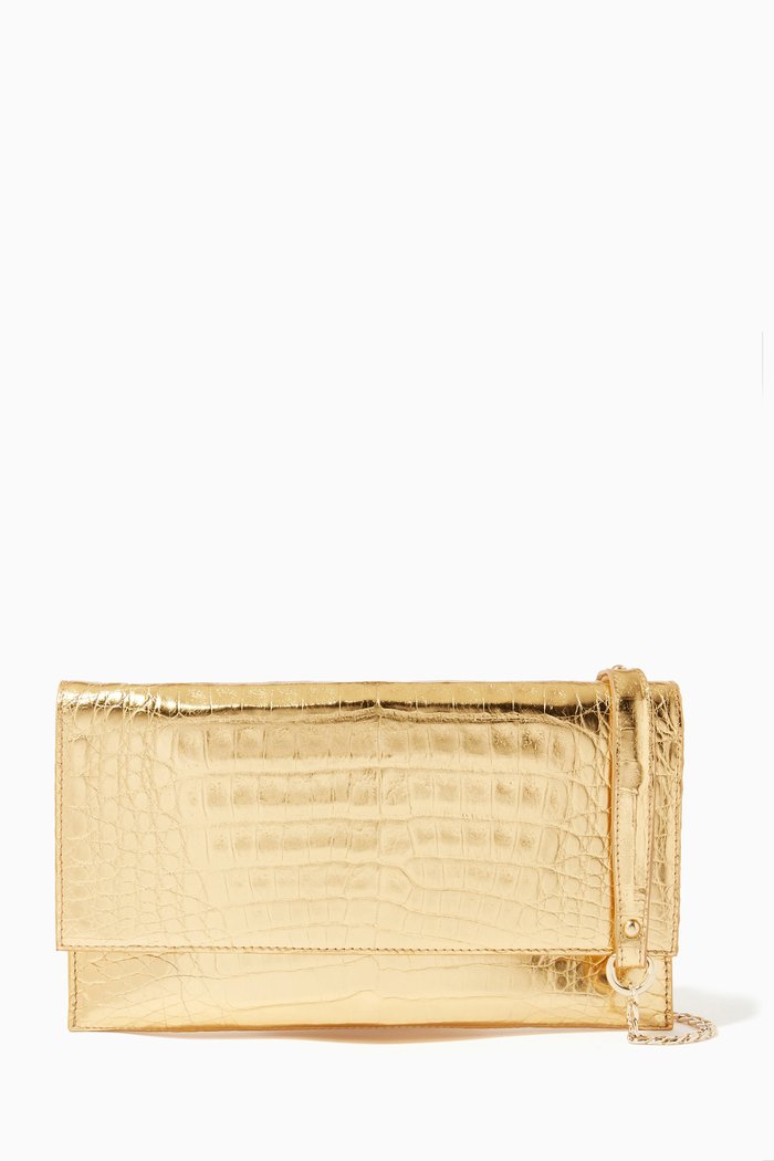 

Sofia Clutch in Metallic Crocodile Leather, Gold