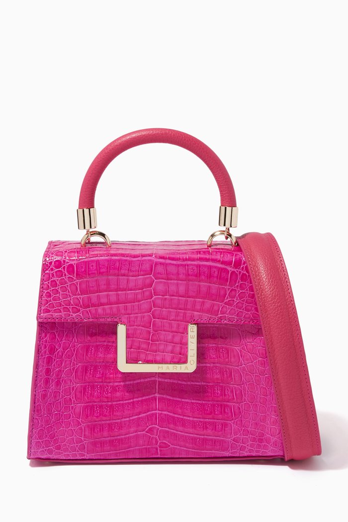 

Michelle Small Top Handle Bag in Crocodile Leather, Pink