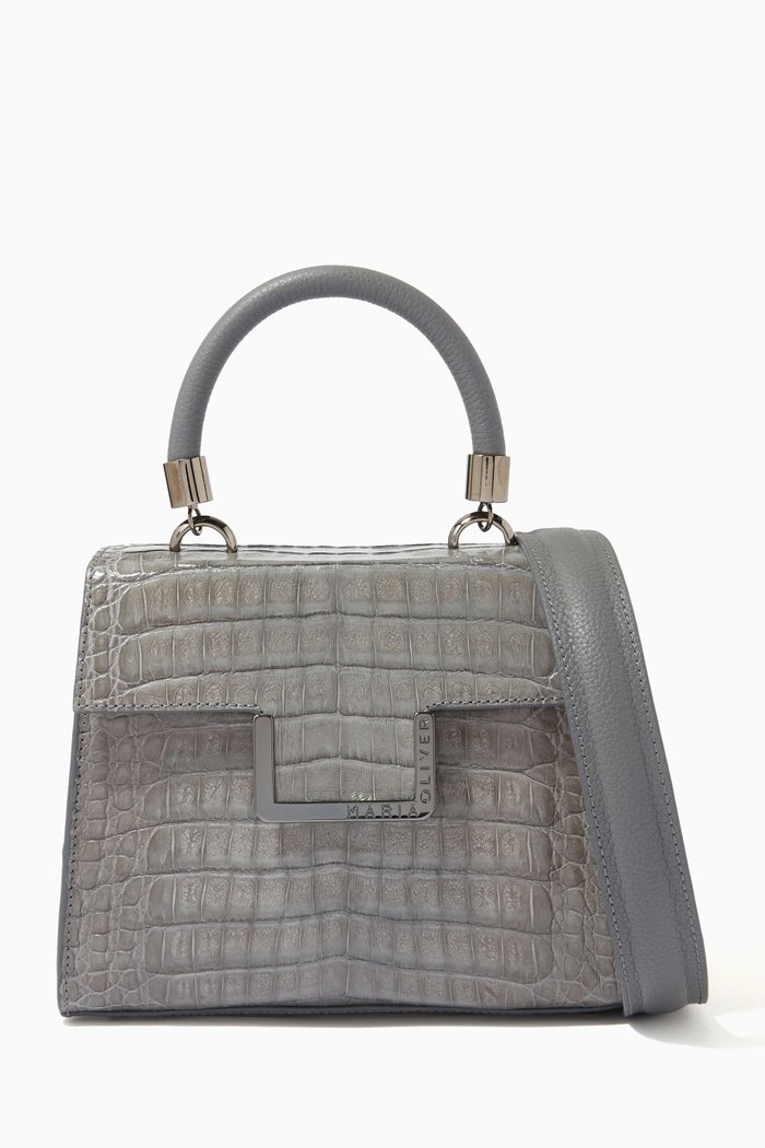 

Michelle Small Top Handle Bag in Crocodile Leather, Grey