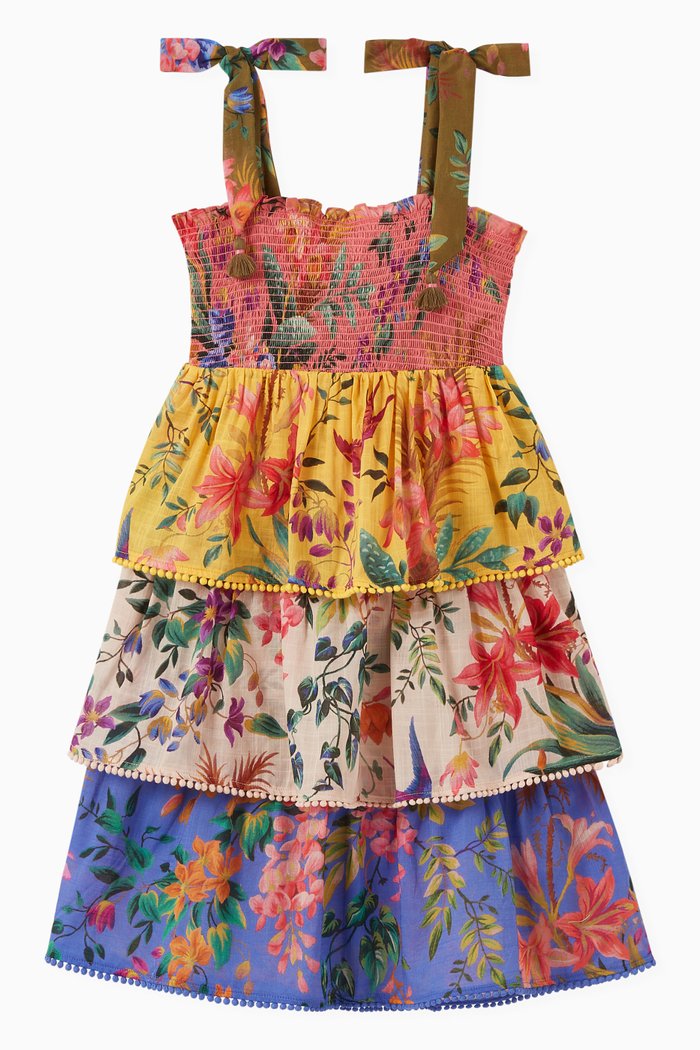 

Tropicana Shirred Tiered Dress in Cotton, Multicolour