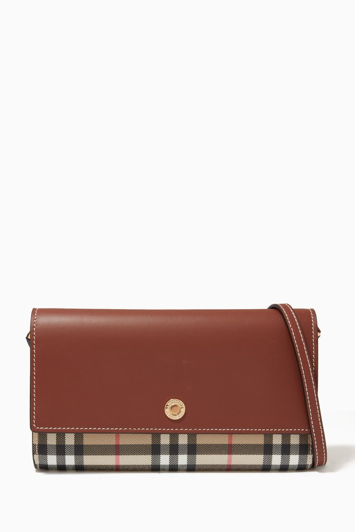 Wallet with Detachable Strap in Check & Leather, Neutral