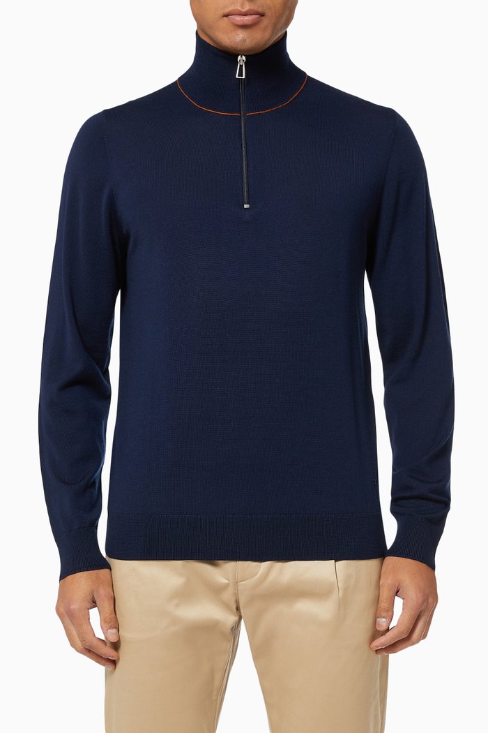 

Half-Zip Funnel Neck Sweatshirt in Merino Wool, Blue