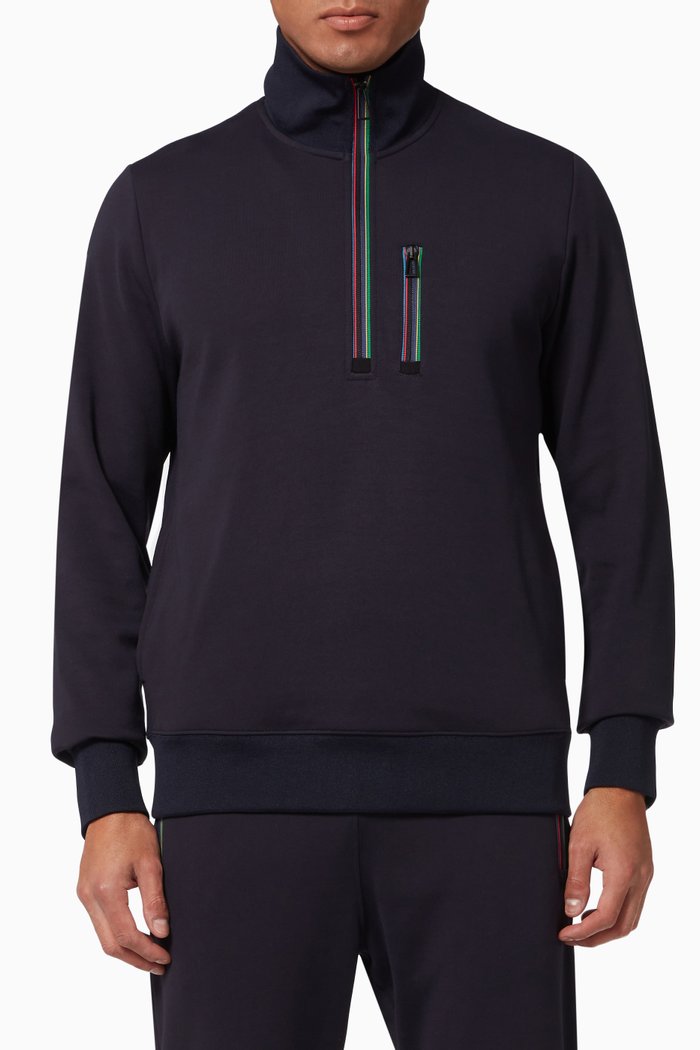 

Sports Stripe Zip Sweatshirt in Cotton Blend, Blue