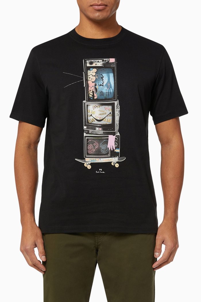 

Retro Graphic Print T-shirt in Jersey, Black